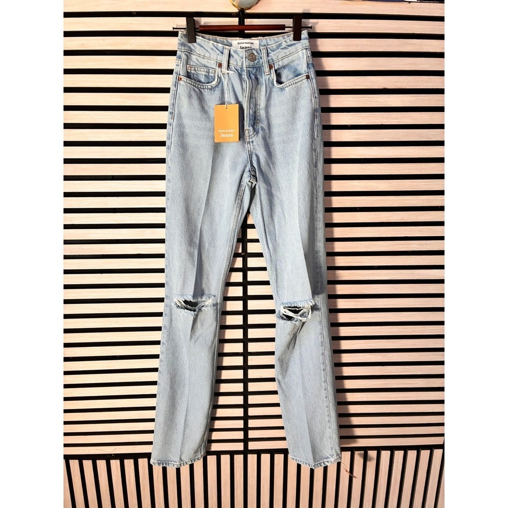 NWT Reformation Cynthia High Rise Straight Long Jeans Light Wash Distressed 24 - Picture 3 of 6